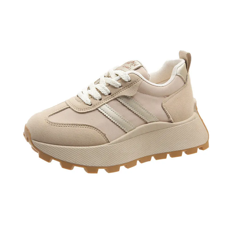 Women's platform casual sneakers, retro round toe, microfiber upper mesh lining, beige, black, red