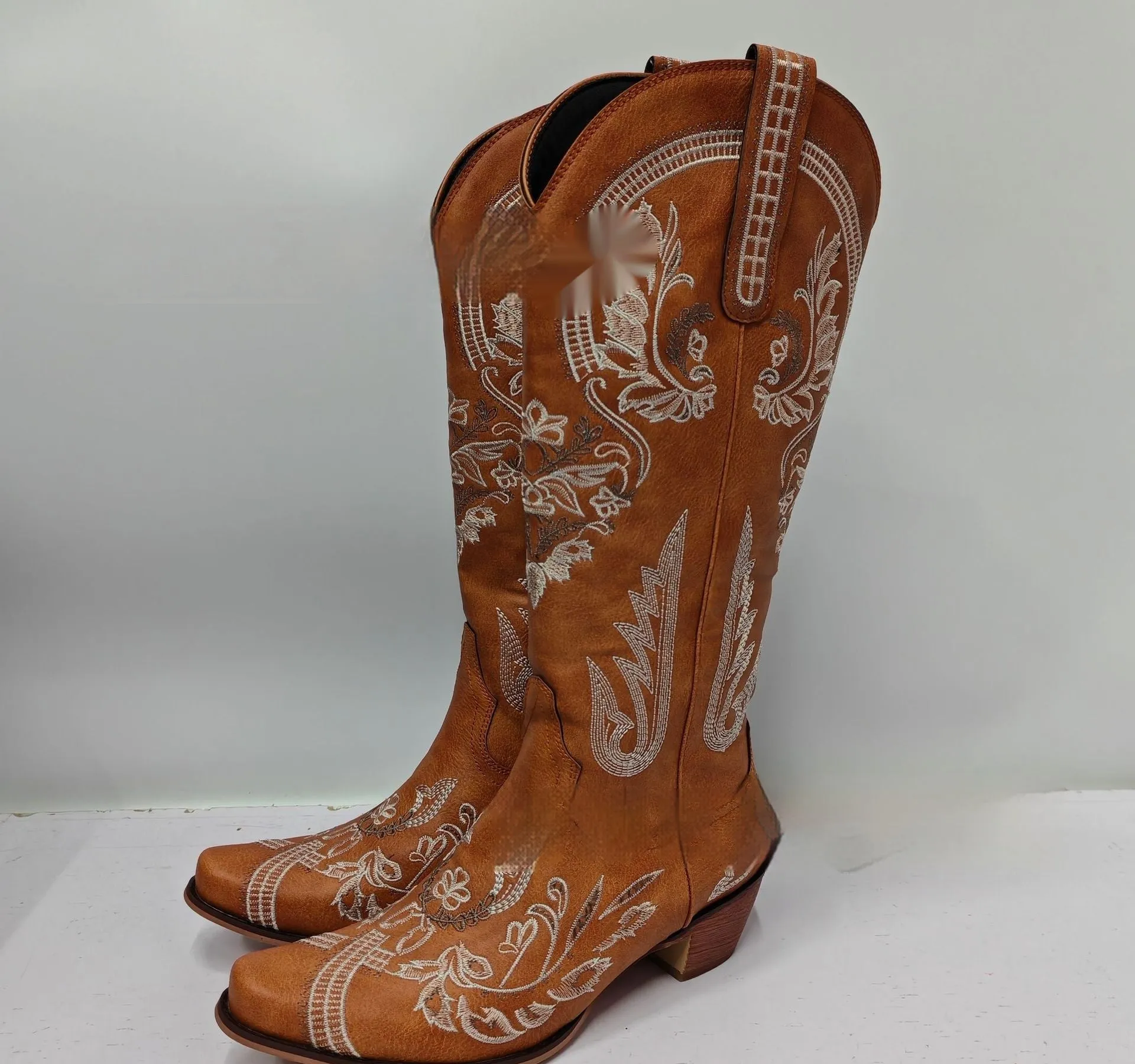 Embroidered rhinestone thick high heel side zipper high-top boots for women in beige with non-slip rubber sole
