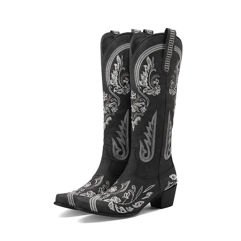 Embroidered rhinestone thick high heel side zipper high-top boots for women in beige with non-slip rubber sole