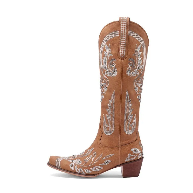 Embroidered rhinestone thick high heel side zipper high-top boots for women in beige with non-slip rubber sole
