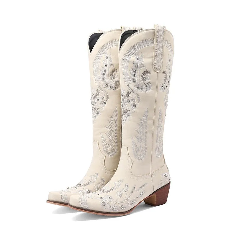 Embroidered rhinestone thick high heel side zipper high-top boots for women in beige with non-slip rubber sole
