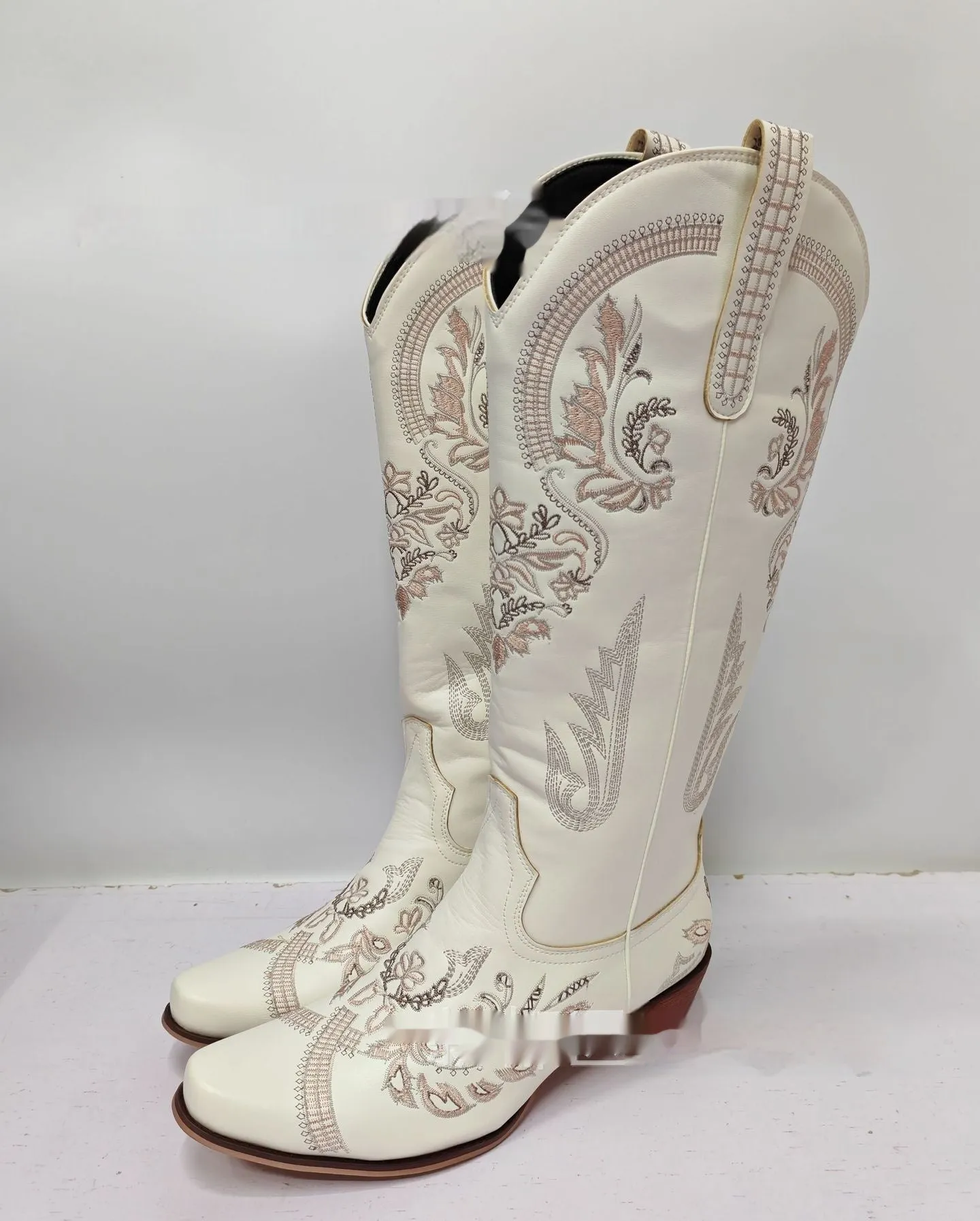 Embroidered rhinestone thick high heel side zipper high-top boots for women in beige with non-slip rubber sole
