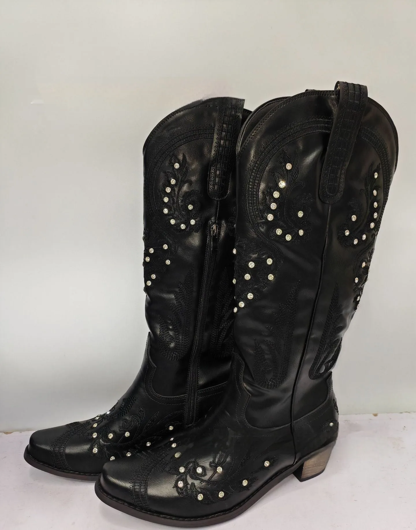 Embroidered rhinestone thick high heel side zipper high-top boots for women in beige with non-slip rubber sole