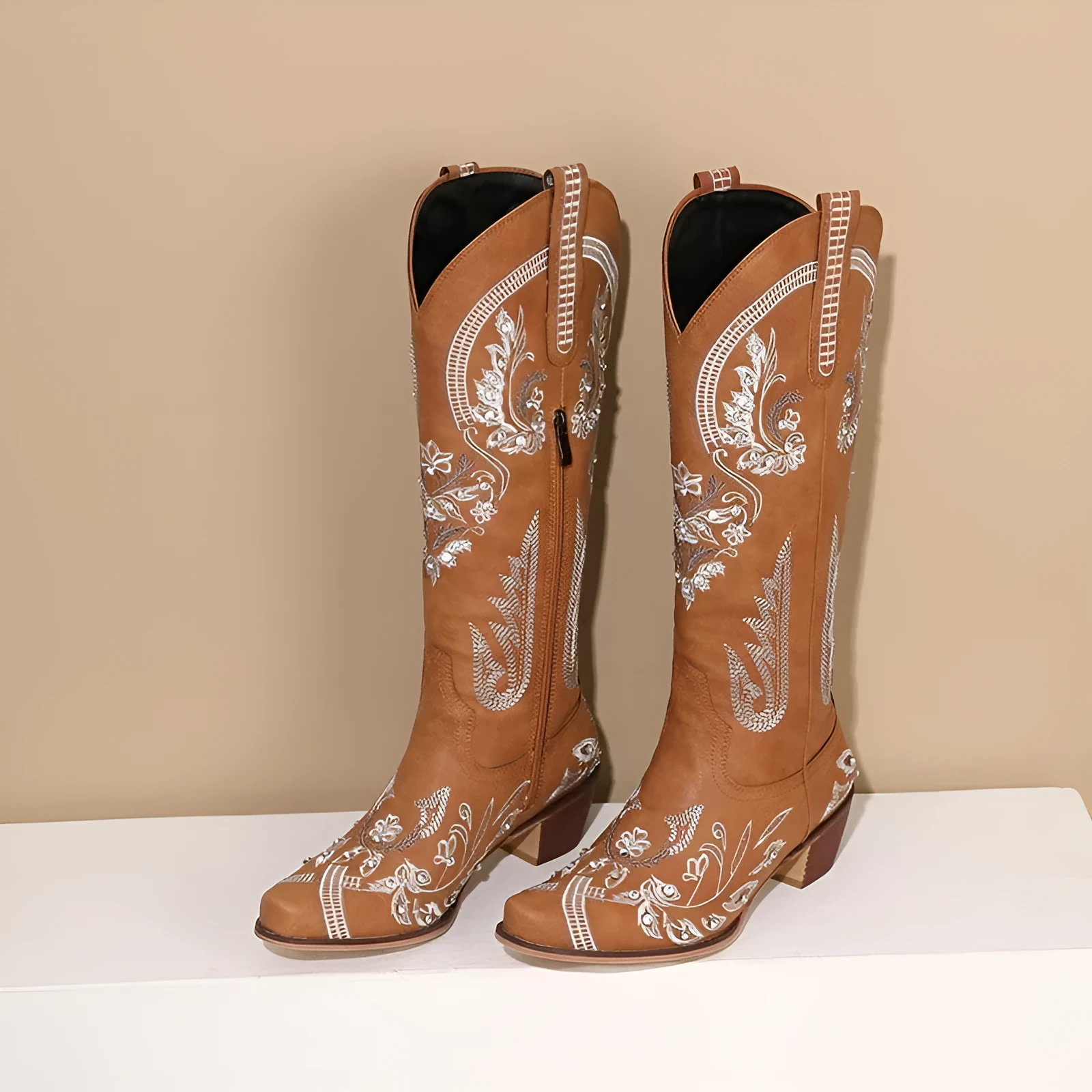 Embroidered rhinestone thick high heel side zipper high-top boots for women in beige with non-slip rubber sole