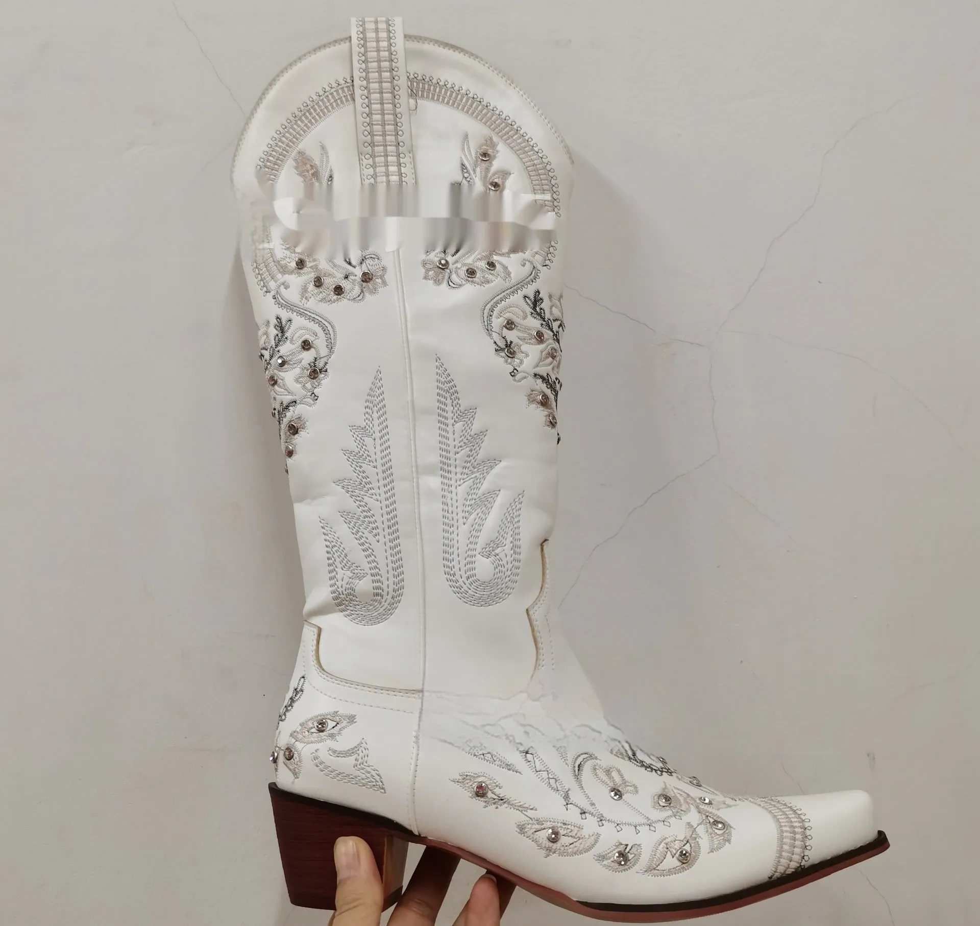 Embroidered rhinestone thick high heel side zipper high-top boots for women in beige with non-slip rubber sole