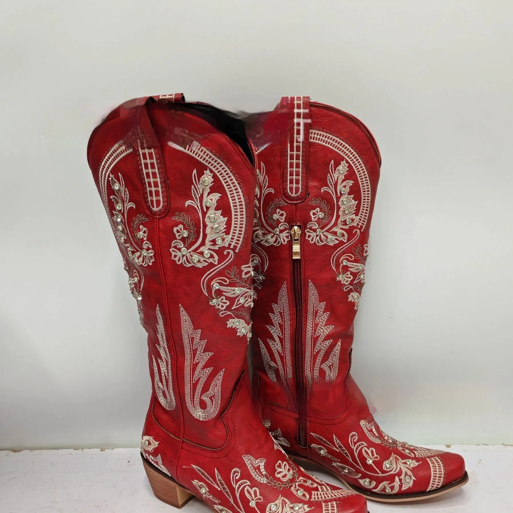 Embroidered rhinestone thick high heel side zipper high-top boots for women in beige with non-slip rubber sole