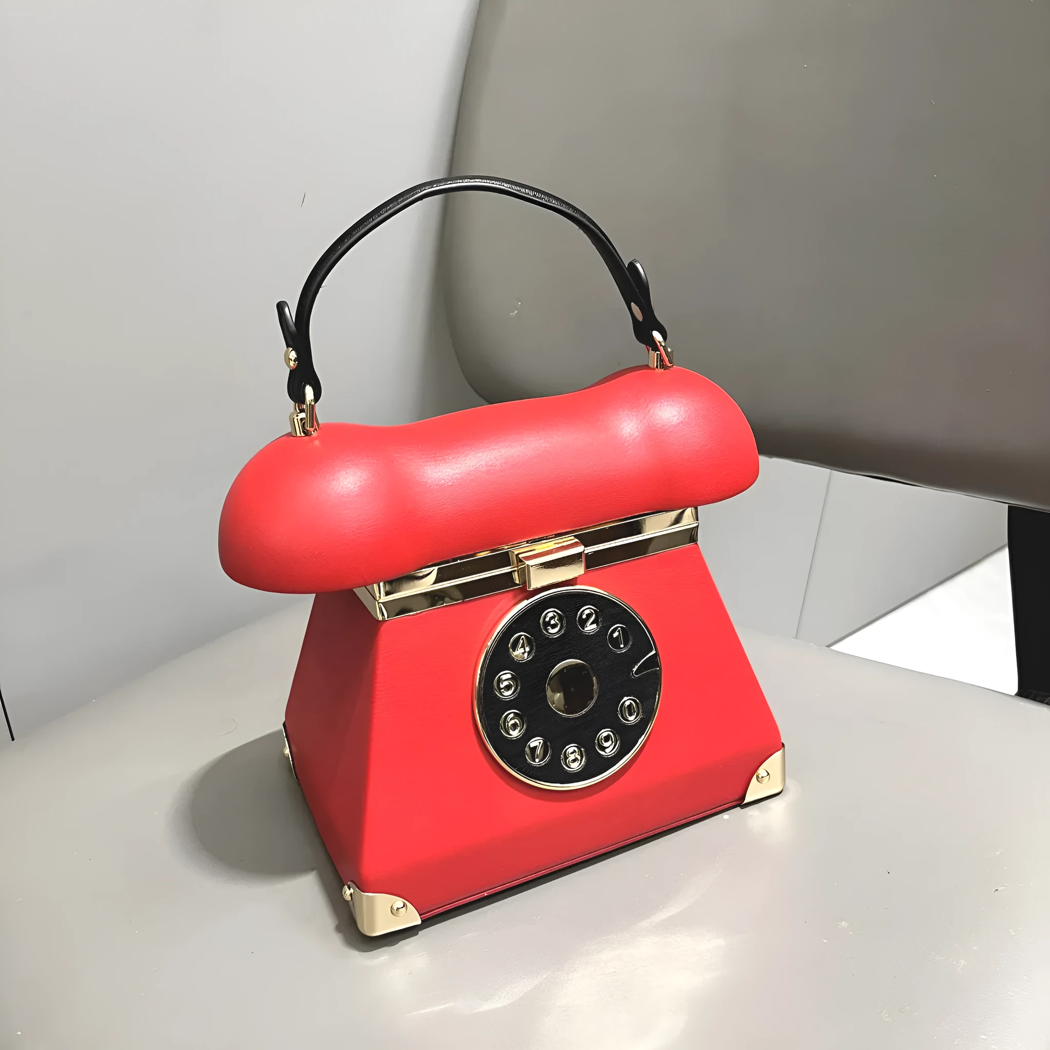 Women's landline phone-shaped handbag in PU with hard shell, retro style, three-dimensional pocket, available in colours