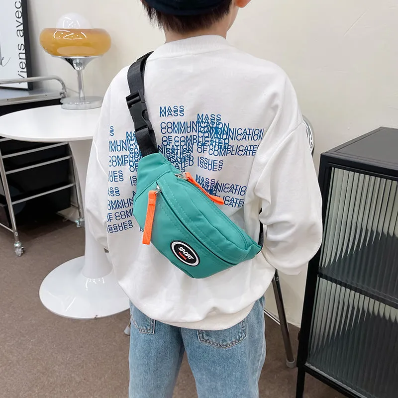 Fashion unisex kids crossbody sling bag in nylon with letter pattern, five colour options