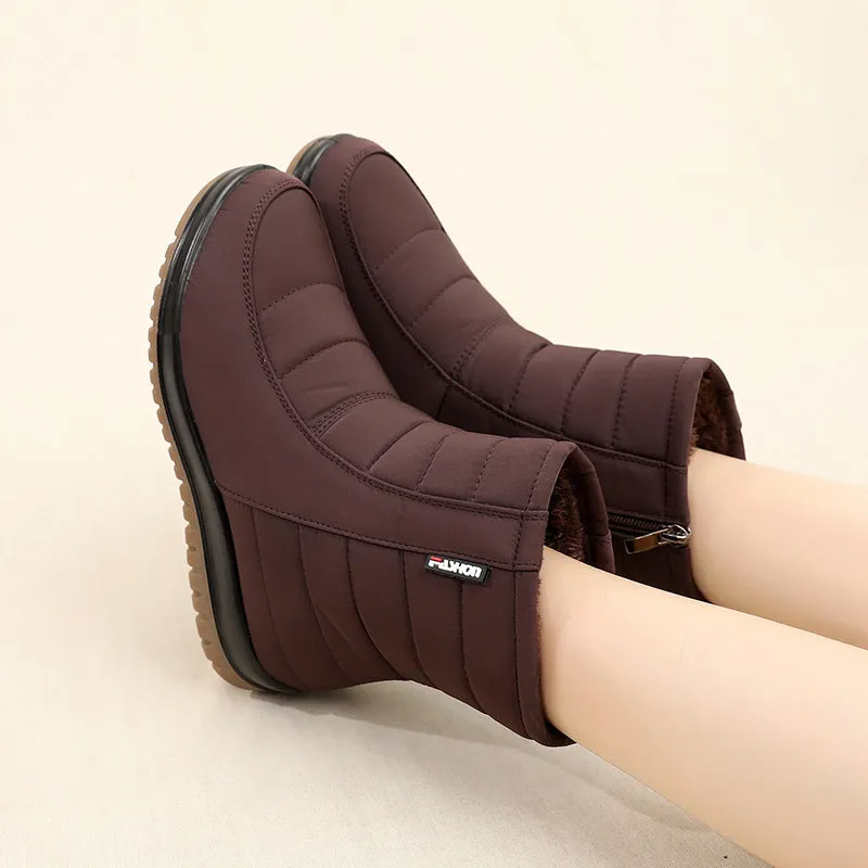 Warm waterproof anti-slip snow boots in black with side zipper, round toe, and rubber sole