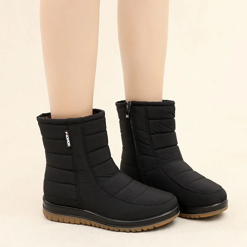Warm waterproof anti-slip snow boots in black with side zipper, round toe, and rubber sole