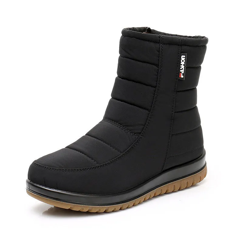 Warm waterproof anti-slip snow boots in black with side zipper, round toe, and rubber sole