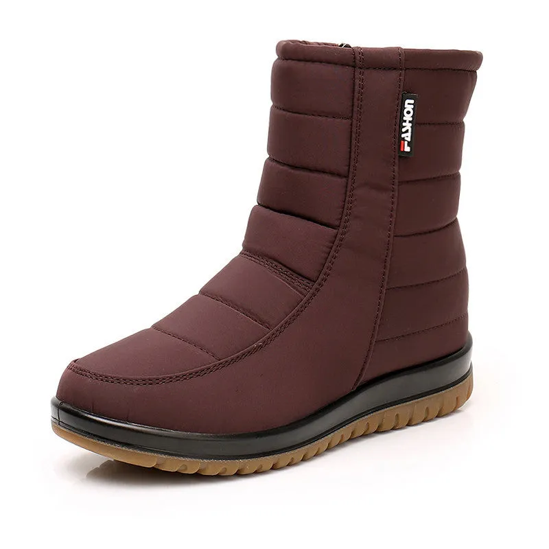 Warm waterproof anti-slip snow boots in black with side zipper, round toe, and rubber sole
