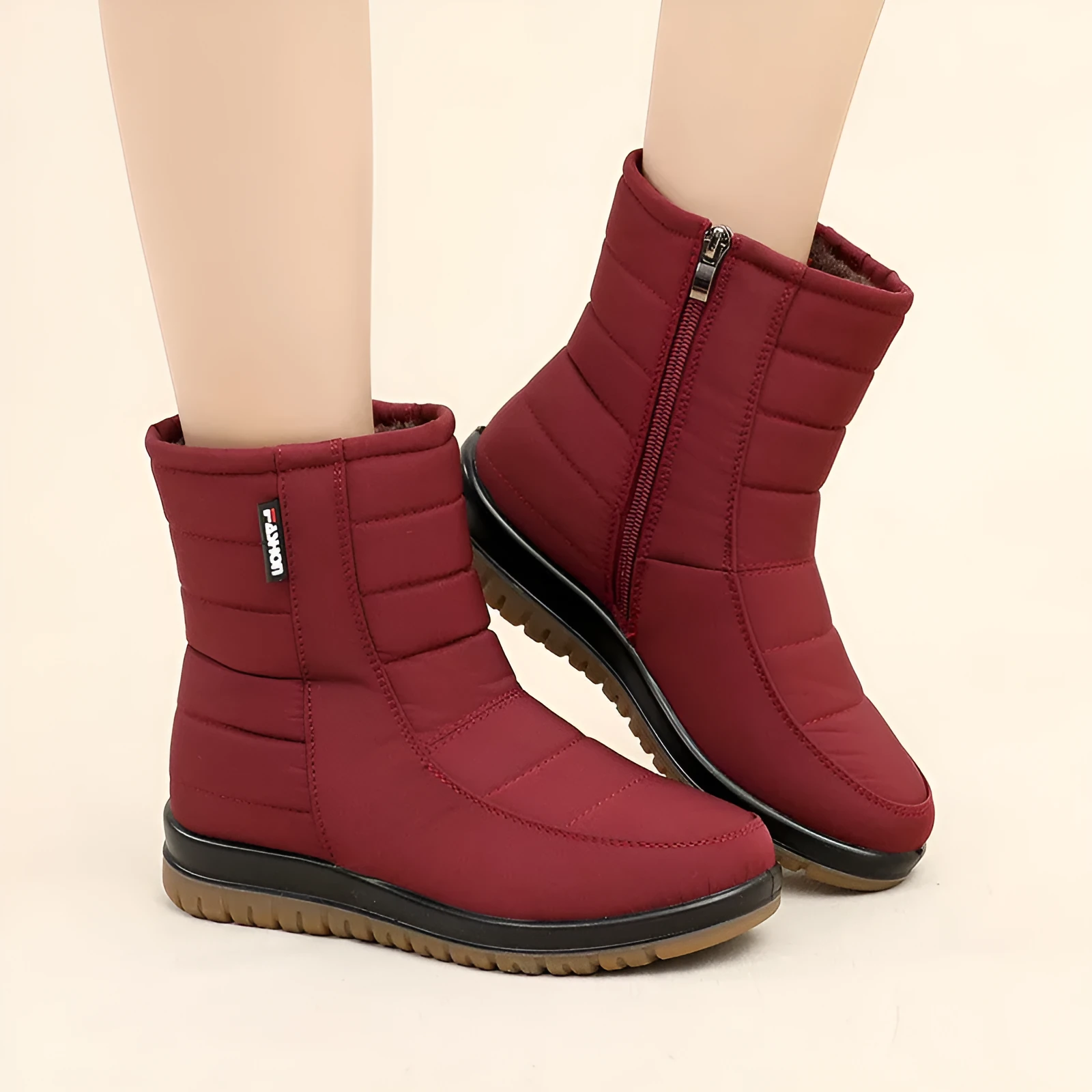Warm waterproof anti-slip snow boots in black with side zipper, round toe, and rubber sole