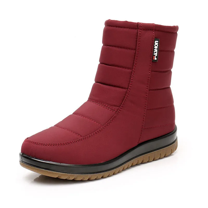 Warm waterproof anti-slip snow boots in black with side zipper, round toe, and rubber sole