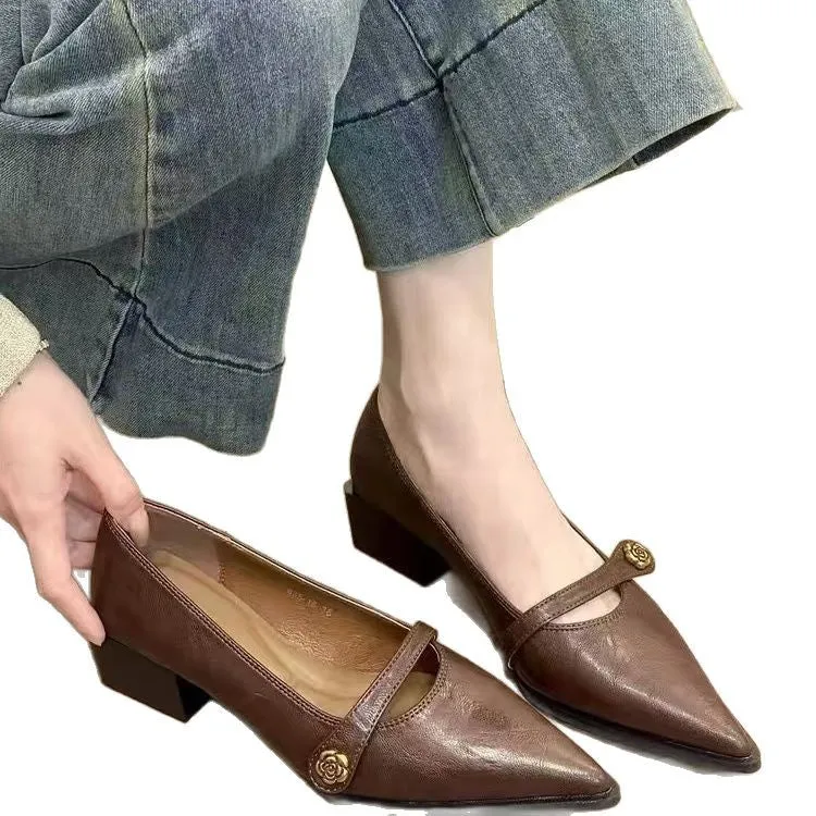 Women's retro low-cut high heels with chunky heel in black and brown, sizes 34-40