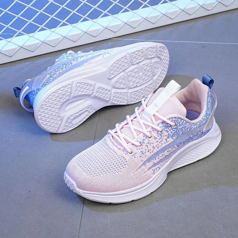 Anti-slip dance flat mesh sports shoes in Blue Pink with low heel and lace-up fastening