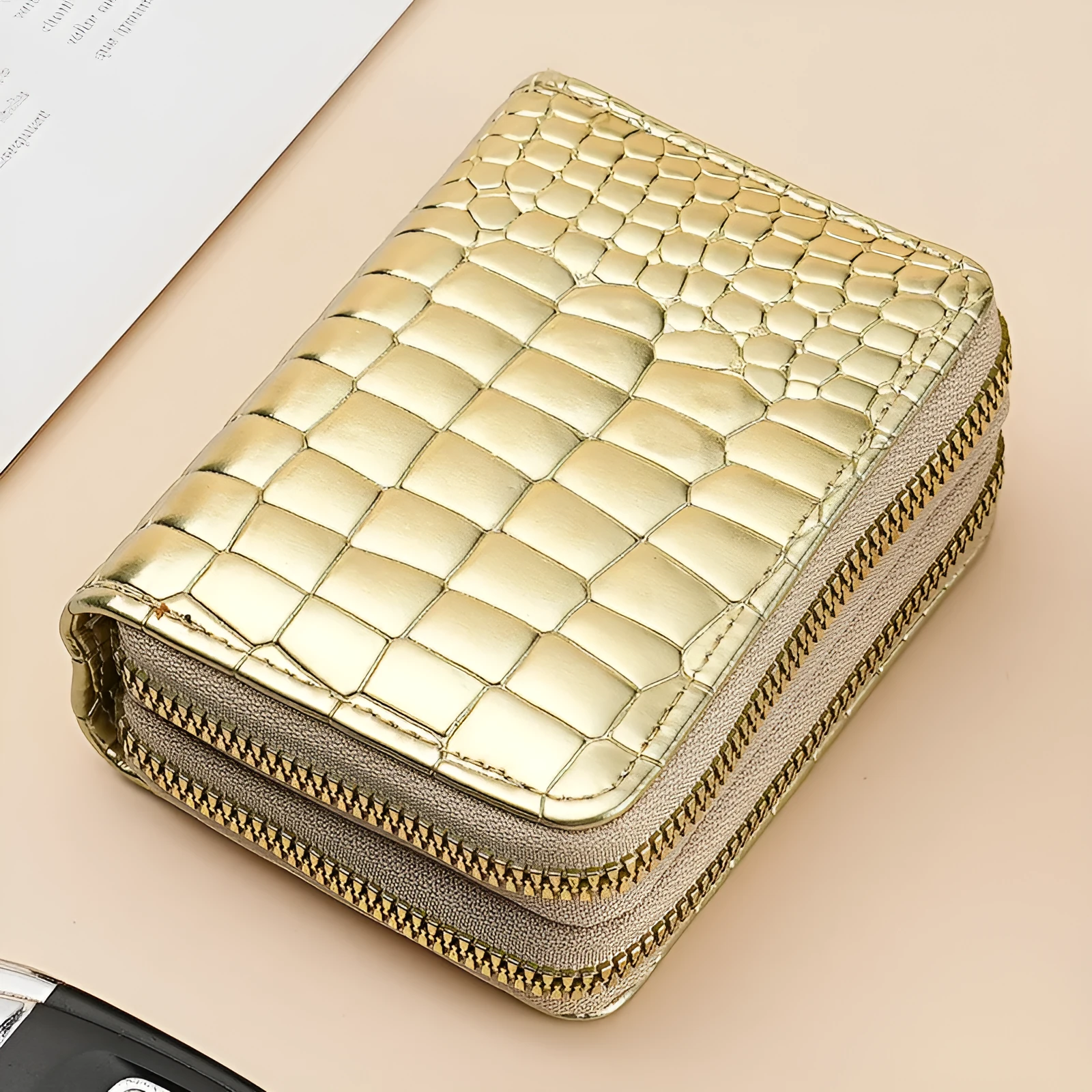 Large capacity card sleeve zipper coin purse with crocodile pattern and small double pull, in multiple colours, for women