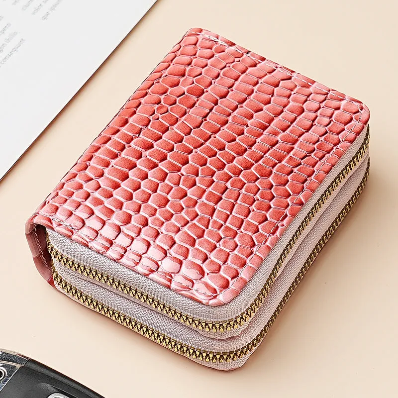 Large capacity card sleeve zipper coin purse with crocodile pattern and small double pull, in multiple colours, for women