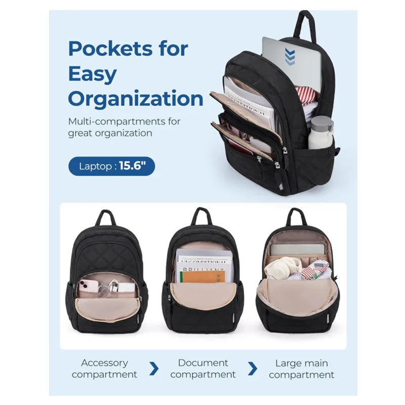 Waterproof nylon travel laptop backpack with air cushion straps, 30x20x44cm, black colour, plaid diamond pattern stitching