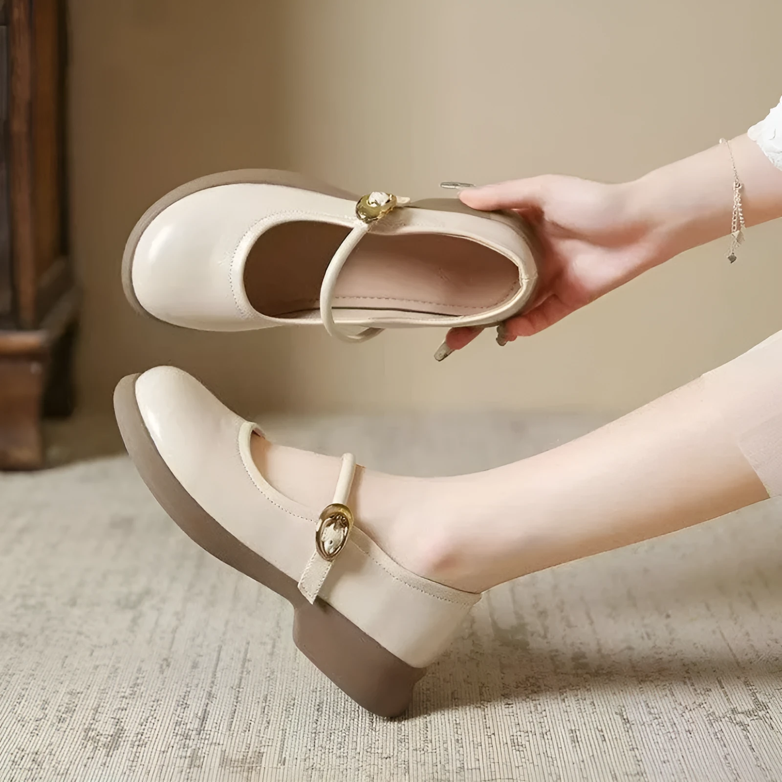 Flat Fairy Style cheongsam leather shoes with skull pattern print and a wedge heel.