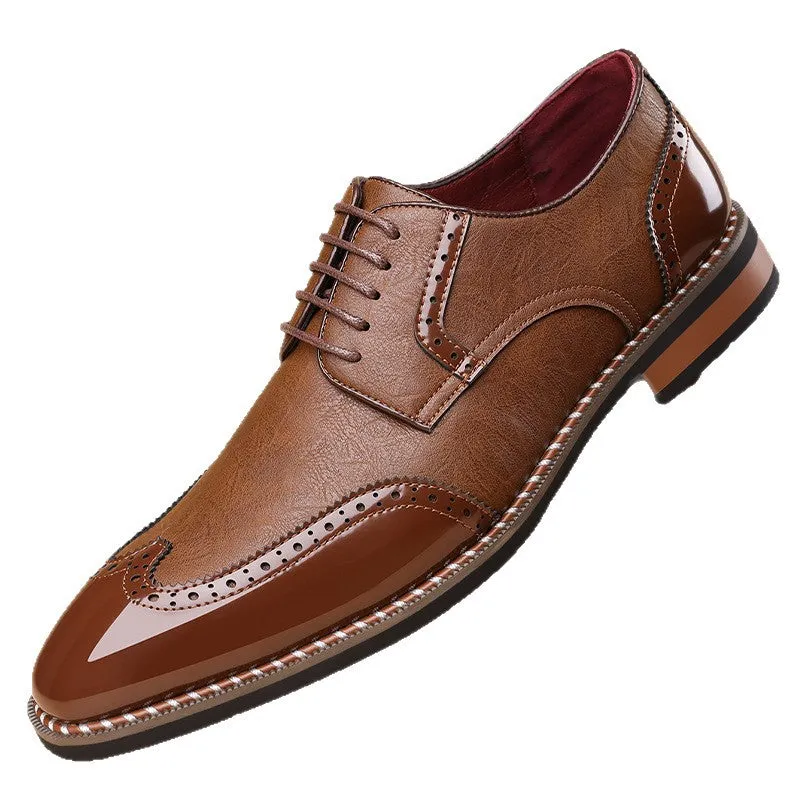 Men's black pointed toe business casual shoes with PU upper and rubber sole