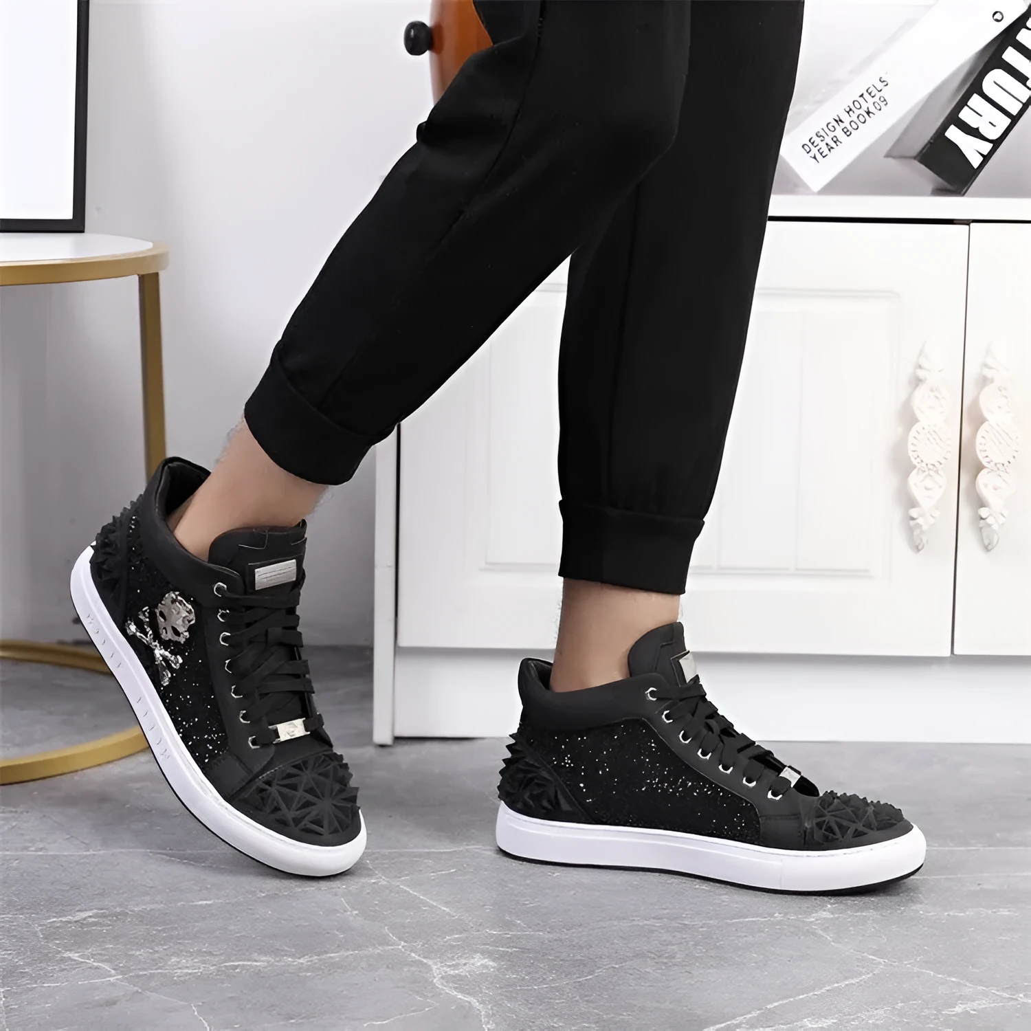 Men's black genuine leather skeleton high top shoes with a lace-up front and rubber sole.