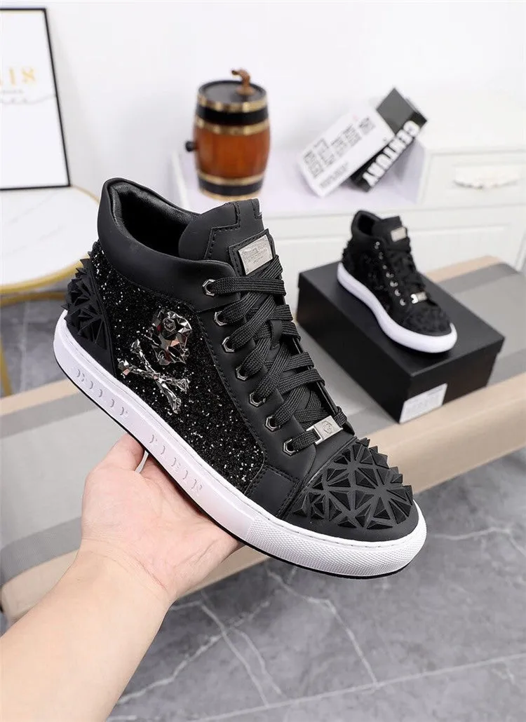 Men's black genuine leather skeleton high top shoes with a lace-up front and rubber sole.