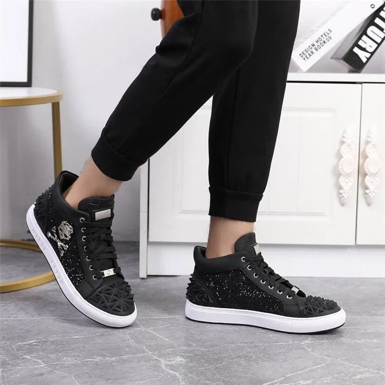 Men's black genuine leather skeleton high top shoes with a lace-up front and rubber sole.