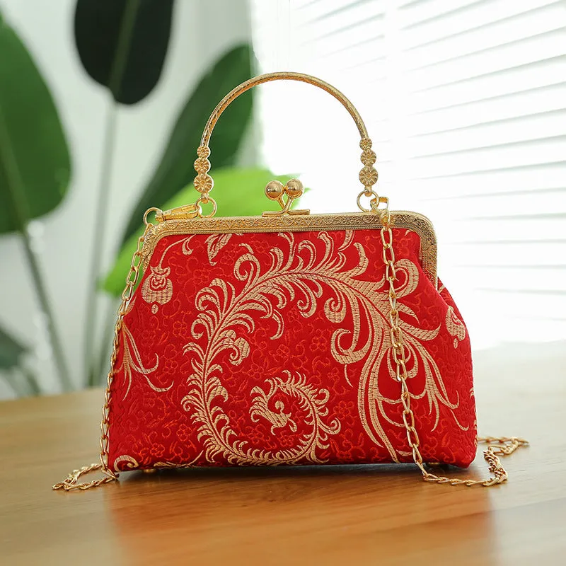 Chinese embroidery cheongsam handbag in polyester with shell shape and internal zipper compartment