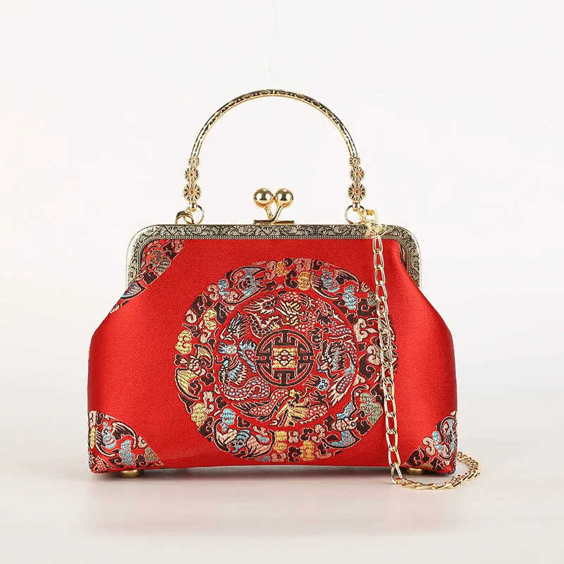 Chinese embroidery cheongsam handbag in polyester with shell shape and internal zipper compartment