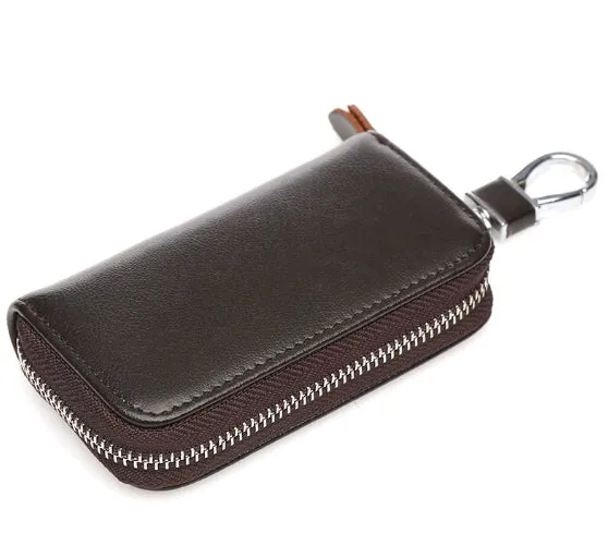 Men's handmade cow split leather zipper key case in solid colour with retro leather pattern
