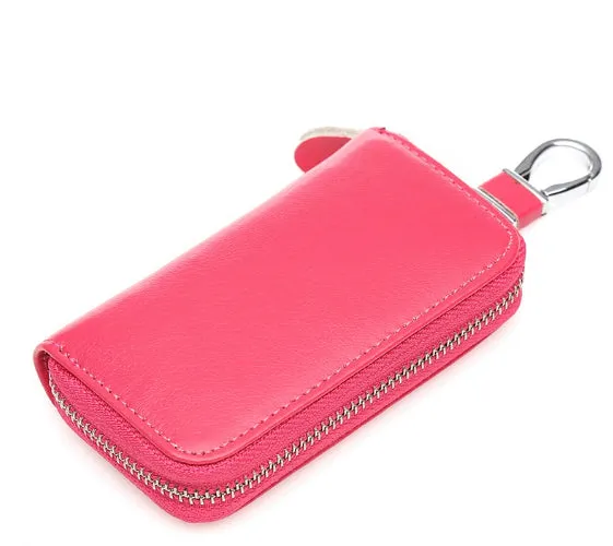 Men's handmade cow split leather zipper key case in solid colour with retro leather pattern