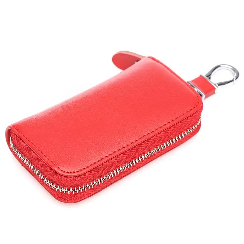 Men's handmade cow split leather zipper key case in solid colour with retro leather pattern