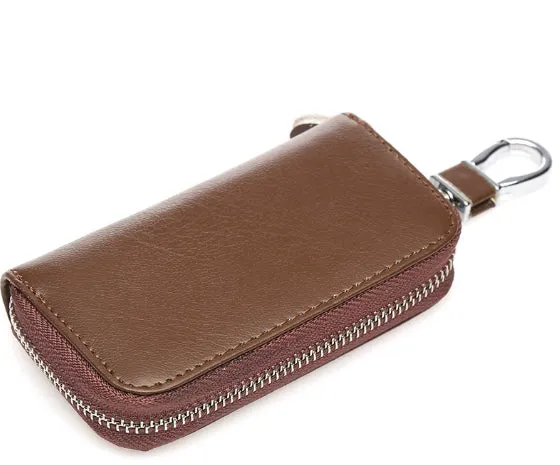 Men's handmade cow split leather zipper key case in solid colour with retro leather pattern