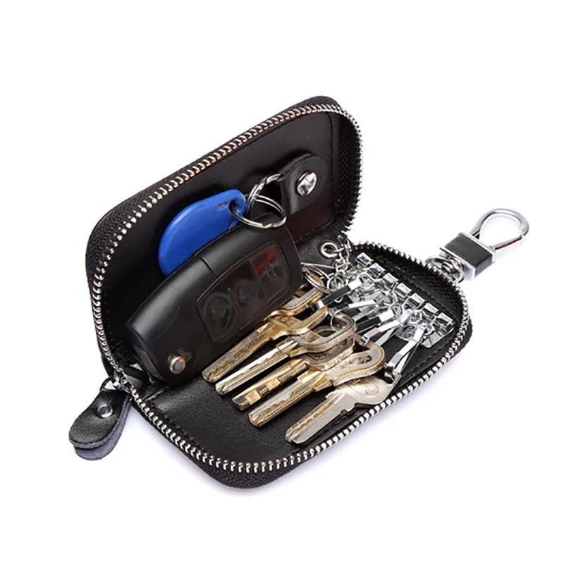 Men's handmade cow split leather zipper key case in solid colour with retro leather pattern