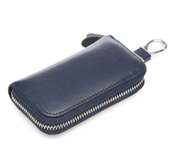 Men's handmade cow split leather zipper key case in solid colour with retro leather pattern