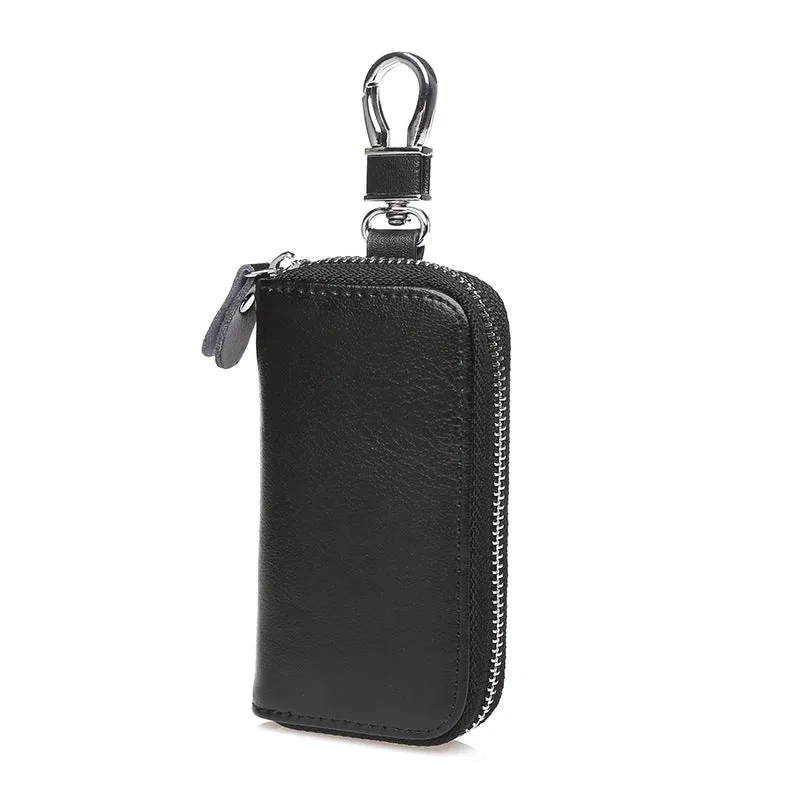 Men's handmade cow split leather zipper key case in solid colour with retro leather pattern