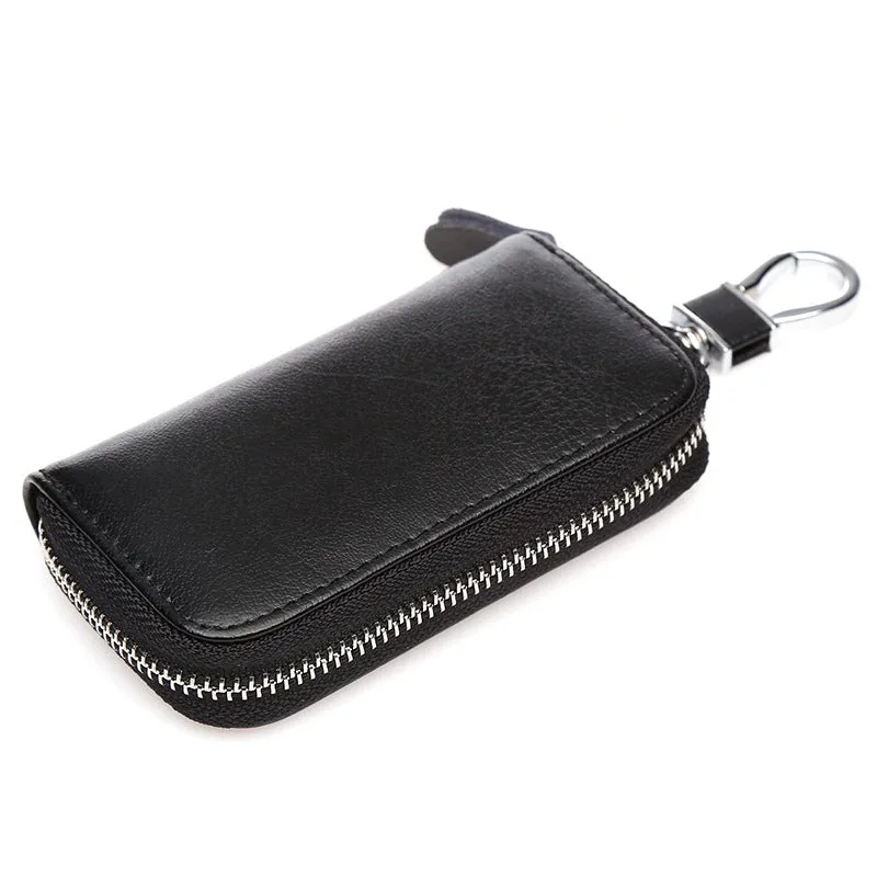 Men's handmade cow split leather zipper key case in solid colour with retro leather pattern