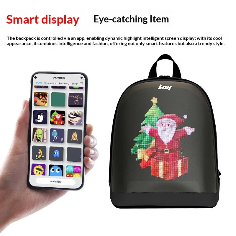 Waterproof leisure backpack with LED display, anti-theft pocket, 26x11x30cm, PU material, breathable polyester lining