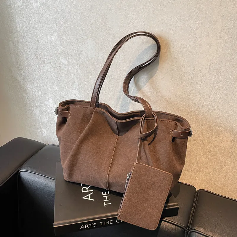 Suede casual commute handbag in brown, horizontal square shape, 36x12x21cm, with double shoulder straps and sewing line detail
