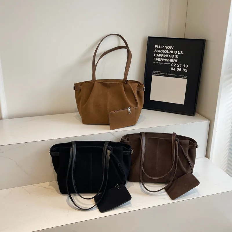 Suede casual commute handbag in brown, horizontal square shape, 36x12x21cm, with double shoulder straps and sewing line detail