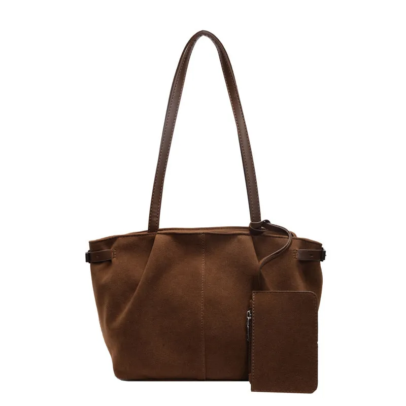 Suede casual commute handbag in brown, horizontal square shape, 36x12x21cm, with double shoulder straps and sewing line detail