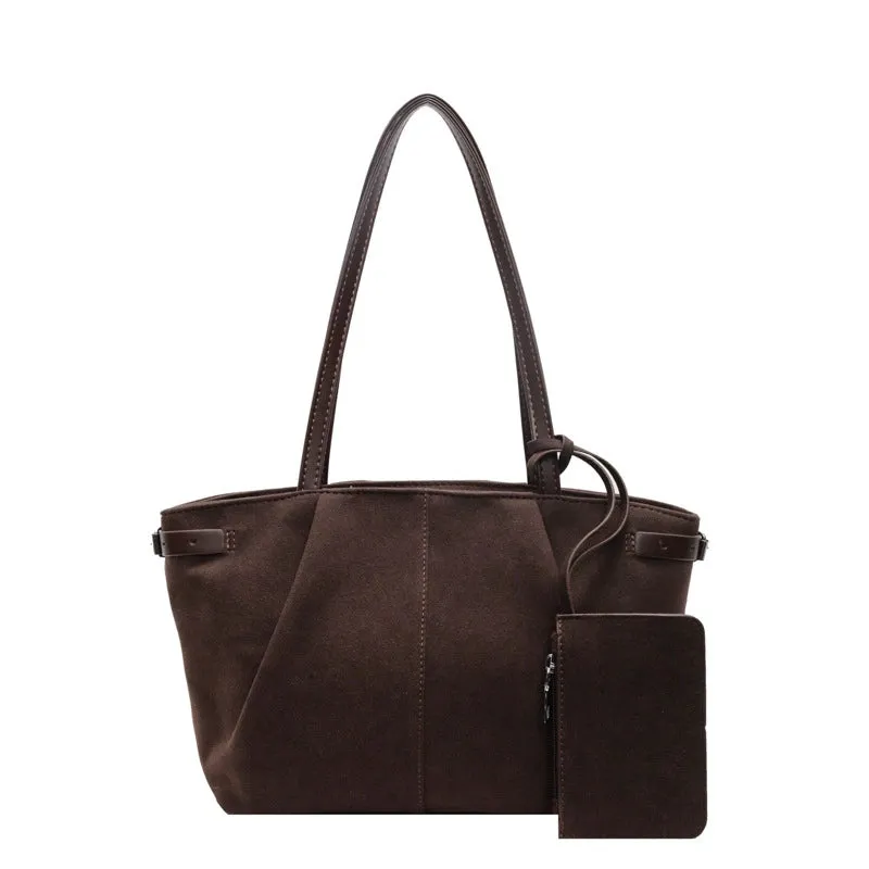 Suede casual commute handbag in brown, horizontal square shape, 36x12x21cm, with double shoulder straps and sewing line detail