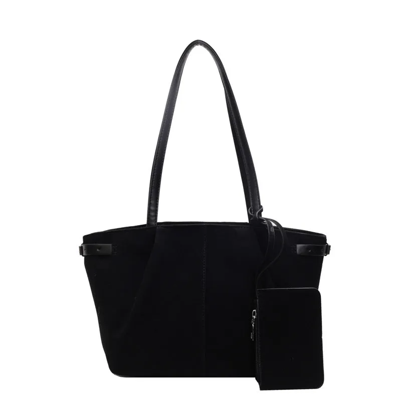 Suede casual commute handbag in brown, horizontal square shape, 36x12x21cm, with double shoulder straps and sewing line detail