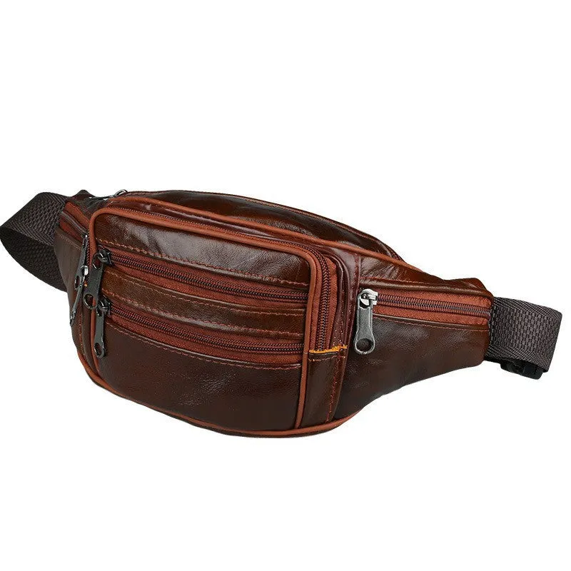 Genuine leather men's outdoor waist bag in black, 22x12x6cm, waterproof solid colour design