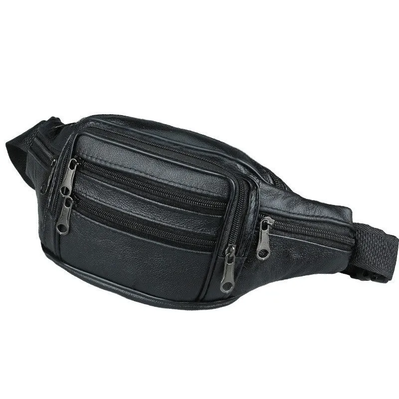 Genuine leather men's outdoor waist bag in black, 22x12x6cm, waterproof solid colour design