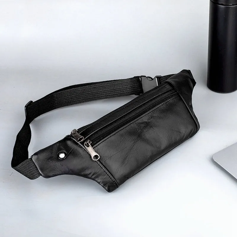 Genuine leather sports waist pack for men, black thin style, top grain leather, with leather pull tab, on white background