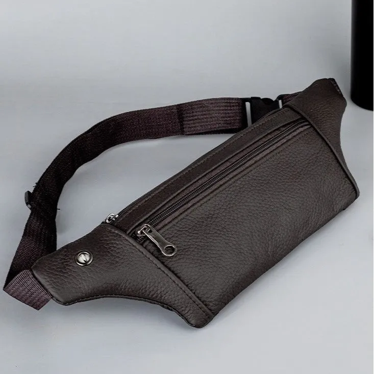 Genuine leather sports waist pack for men, black thin style, top grain leather, with leather pull tab, on white background