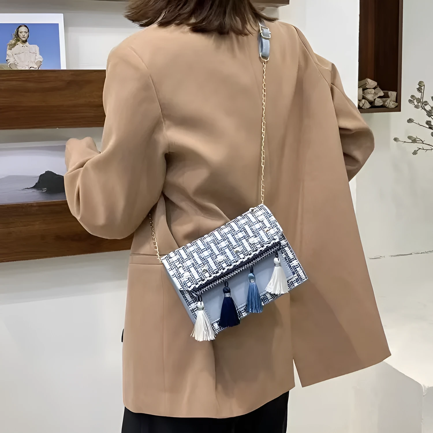 Ethnic-style horizontal square PU bag in beige with polyester lining, medium-hard structure, and flat lay on surface