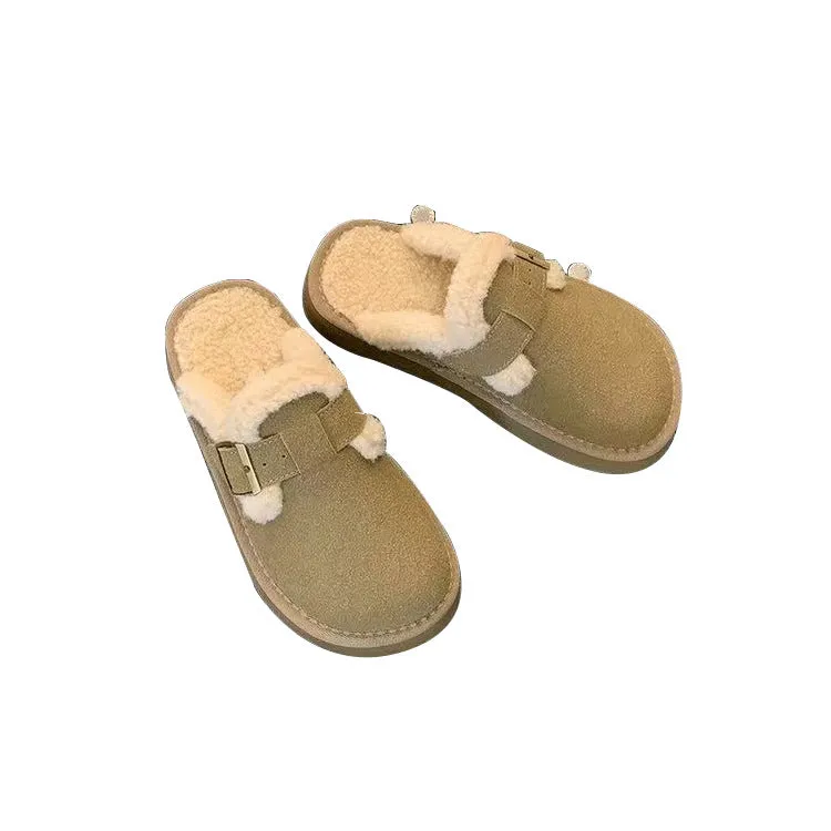 Retro thick-soled furry slippers for women in Antelope colour with round toe and flat heel